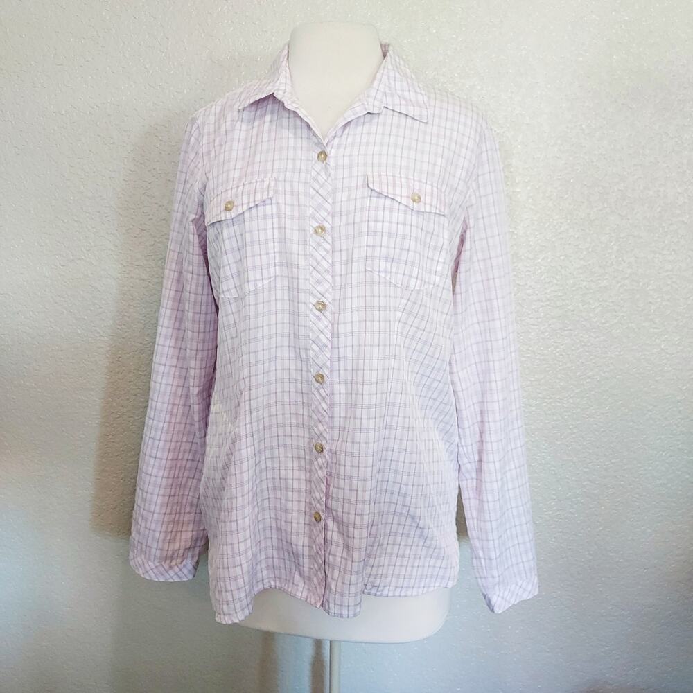 Eddie Bower Travex White & Purple Plaid Long Sleeve Button Down Size L